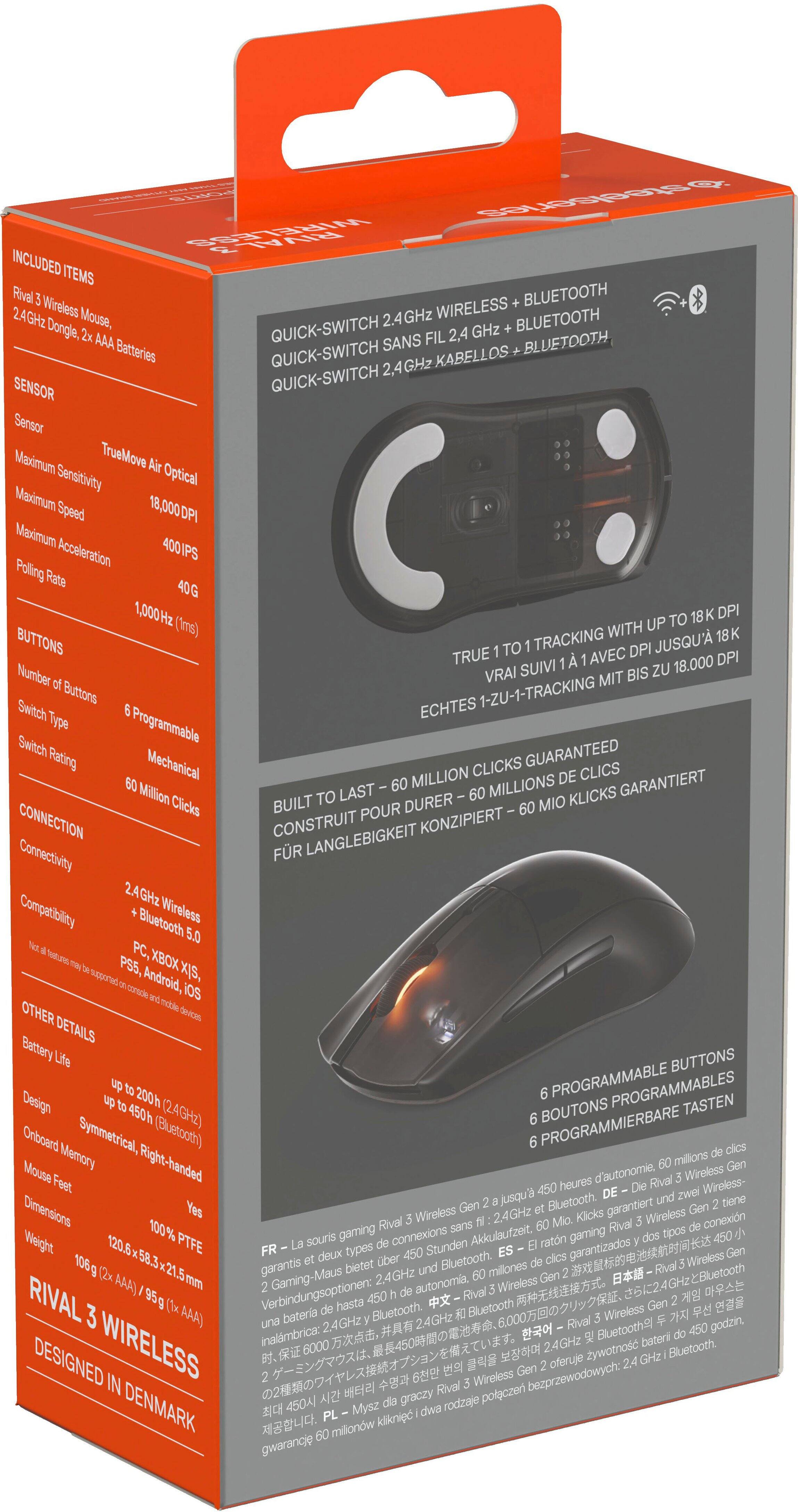 The box contains a wireless mouse and a Bluetooth dongle. The mouse has a maximum true move sensitivity of 18,000 DPI and a maximum speed of 400 IPS. It also has an acceleration polling rate of 40 G and 1,000 Hz. The mouse is designed for right-handed use and has programmable buttons. The box also includes a 2.4 GHz sensor and a quick-switch sensor. The mouse is compatible with PC, Xbox, PS5, XS, and Android devices. The packaging is in French.