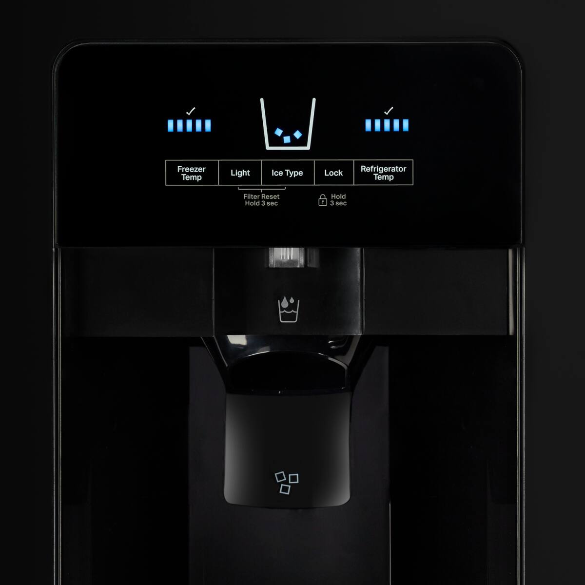 Freezer Temp  
Light  
Ice Type  
Lock  
Refrigerator Temp  

Filter Reset  
Hold 3 sec  

Hold 3 sec