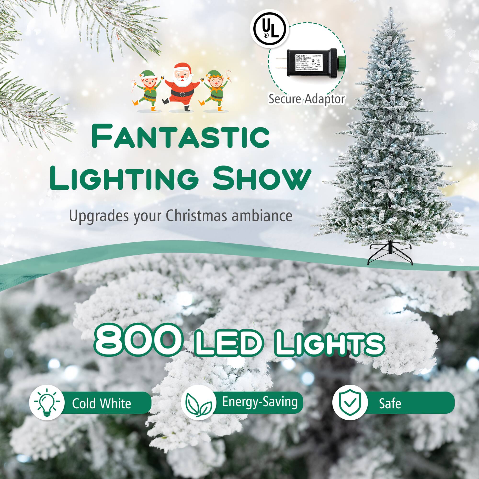 L L H | Secure Adaptor | FANTASTIC LIGHTING SHOW | Upgrades your Christmas ambiance | 800 LED LIGHTS | Cold White | Energy-Saving | Safe