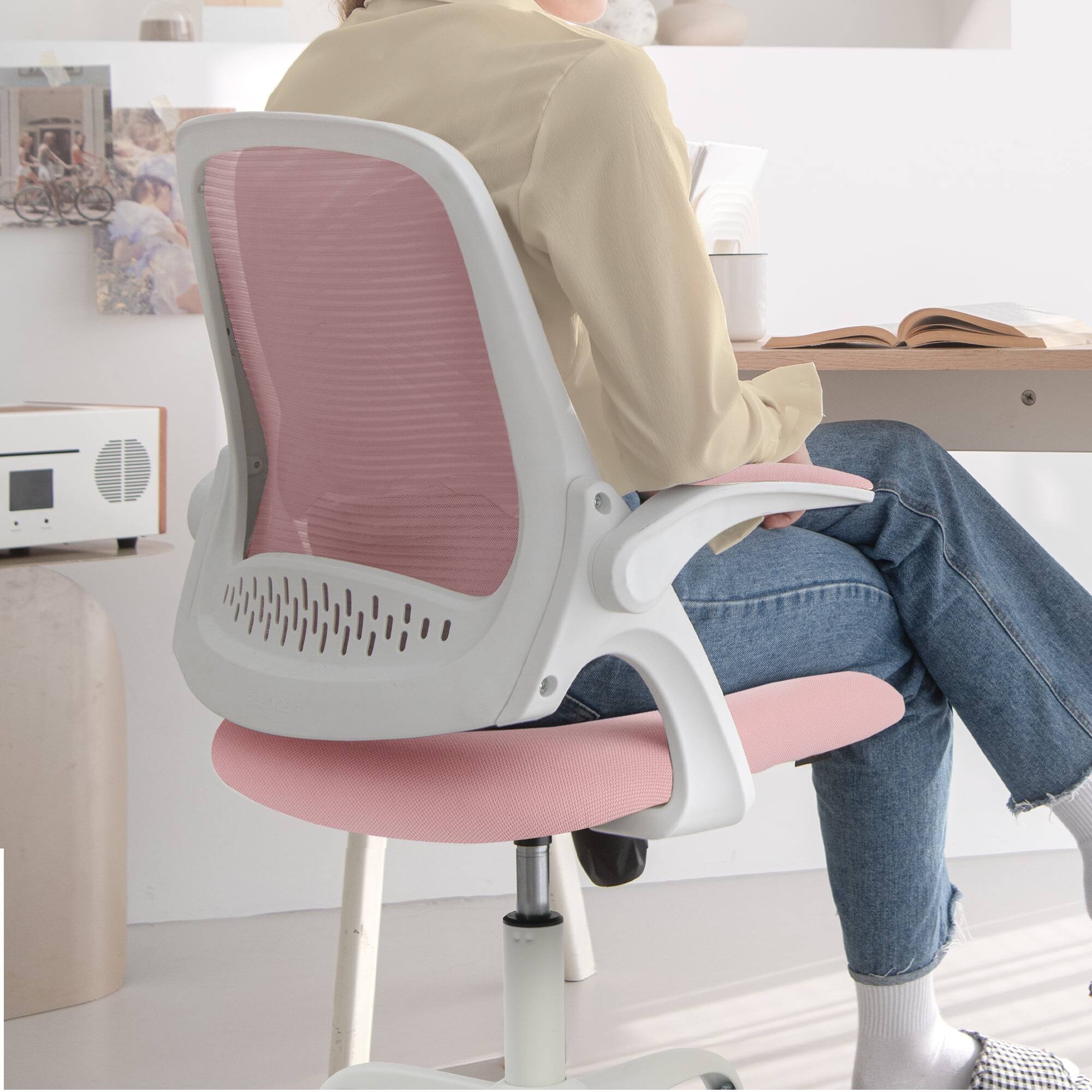 Back. Neo Chair - Office Chair Desk Computer Mesh Ergonomic Chair with Flip-up Arms Comfy Lumbar Support Adjustable Height Rolling Wheels - Steel Base-Pink.
