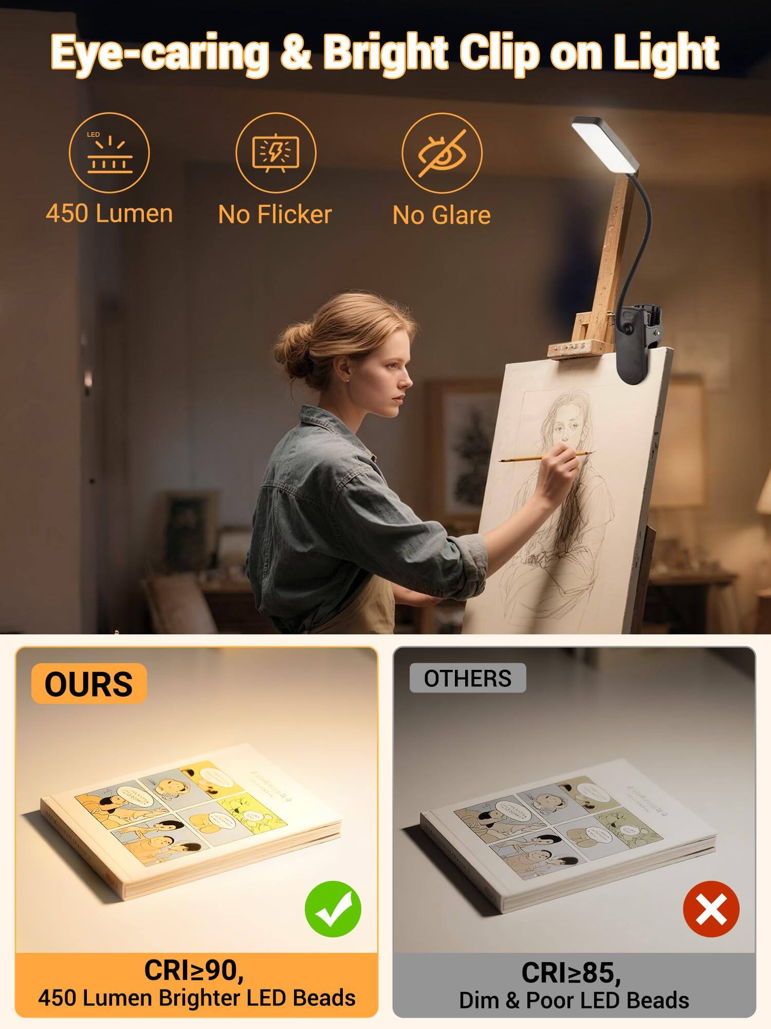 MAGICAL RUBS Clip On Light 9 Brightness+5 Color Rechargeable Desk Lamp ...