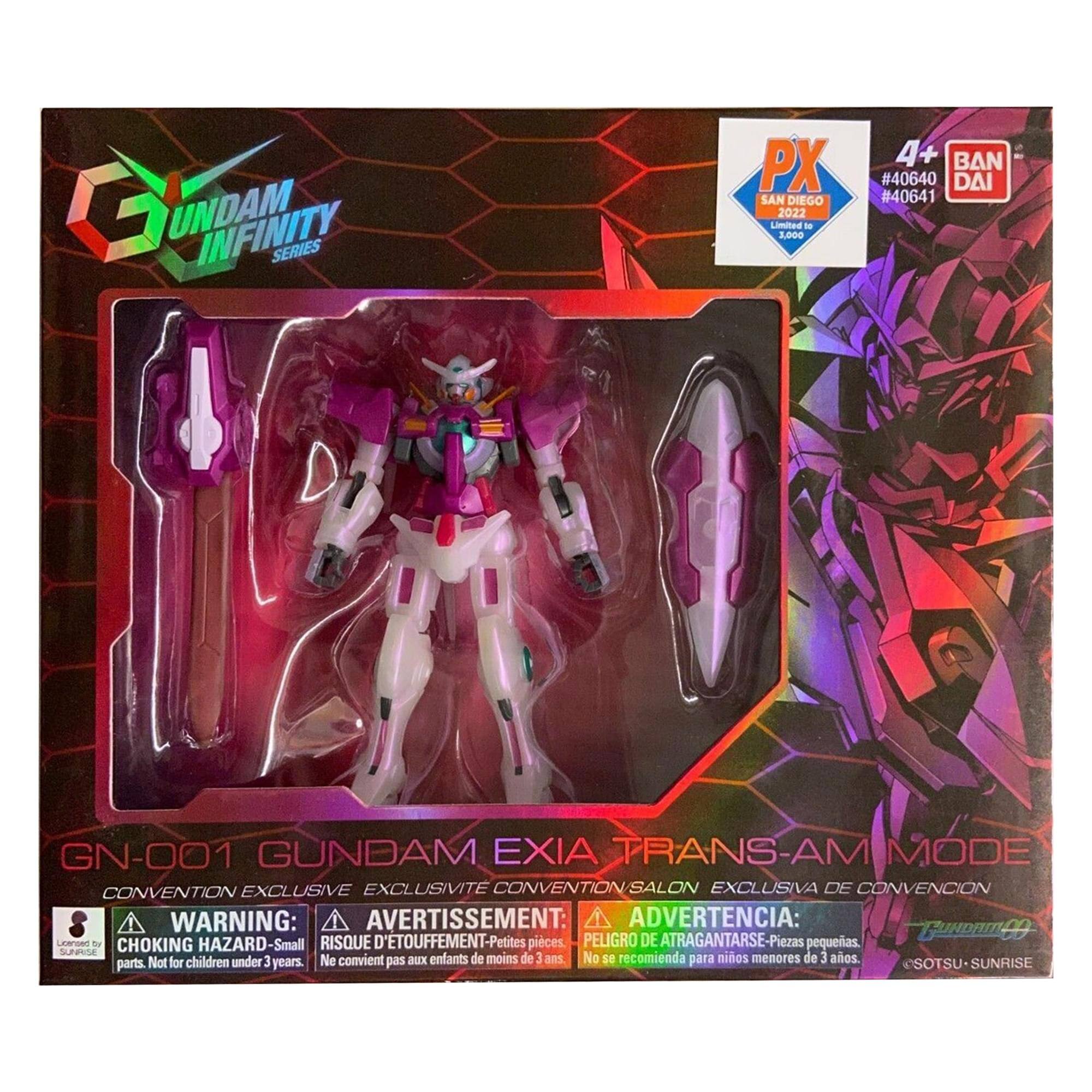 **Gundam Infinity Series**

**PX SAN DIEGO 2022 Limited Edition**
- 3,000 pieces
- #40640
- #40641

**GN-001 Gundam Exia Trans-Am Mode**
- Convention Exclusive
- Exclusivité Convention
- Exclusiva de Convención

**Warning:**
- Choking Hazard - Small parts. Not for children under 3 years.
- Avertissement: Risque d'étouffement - Petites pièces. Ne convient pas aux enfants de moins de 3 ans.
- Advertencia: Peligro de atragantarse - Piezas pequeñas. No se recomienda para niños menores de 3 años.

**BANDAI**
- 4+ years

**Licensed by SOTSU-SUNRISE**