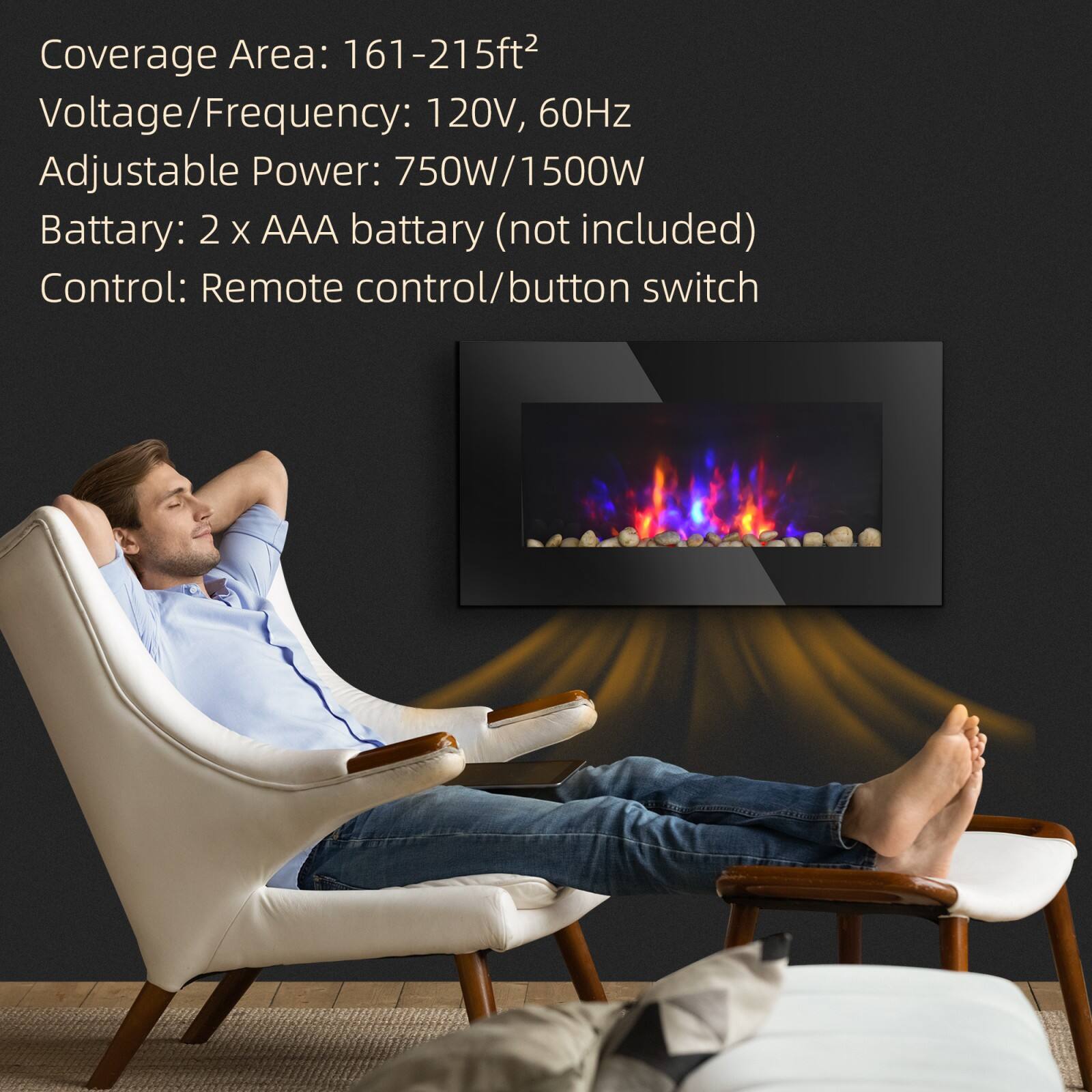 Coverage Area: 161-215ft²  
Voltage/Frequency: 120V, 60Hz  
Adjustable Power: 750W/1500W  
Battery: 2 x AAA battery (not included)  
Control: Remote control/button switch