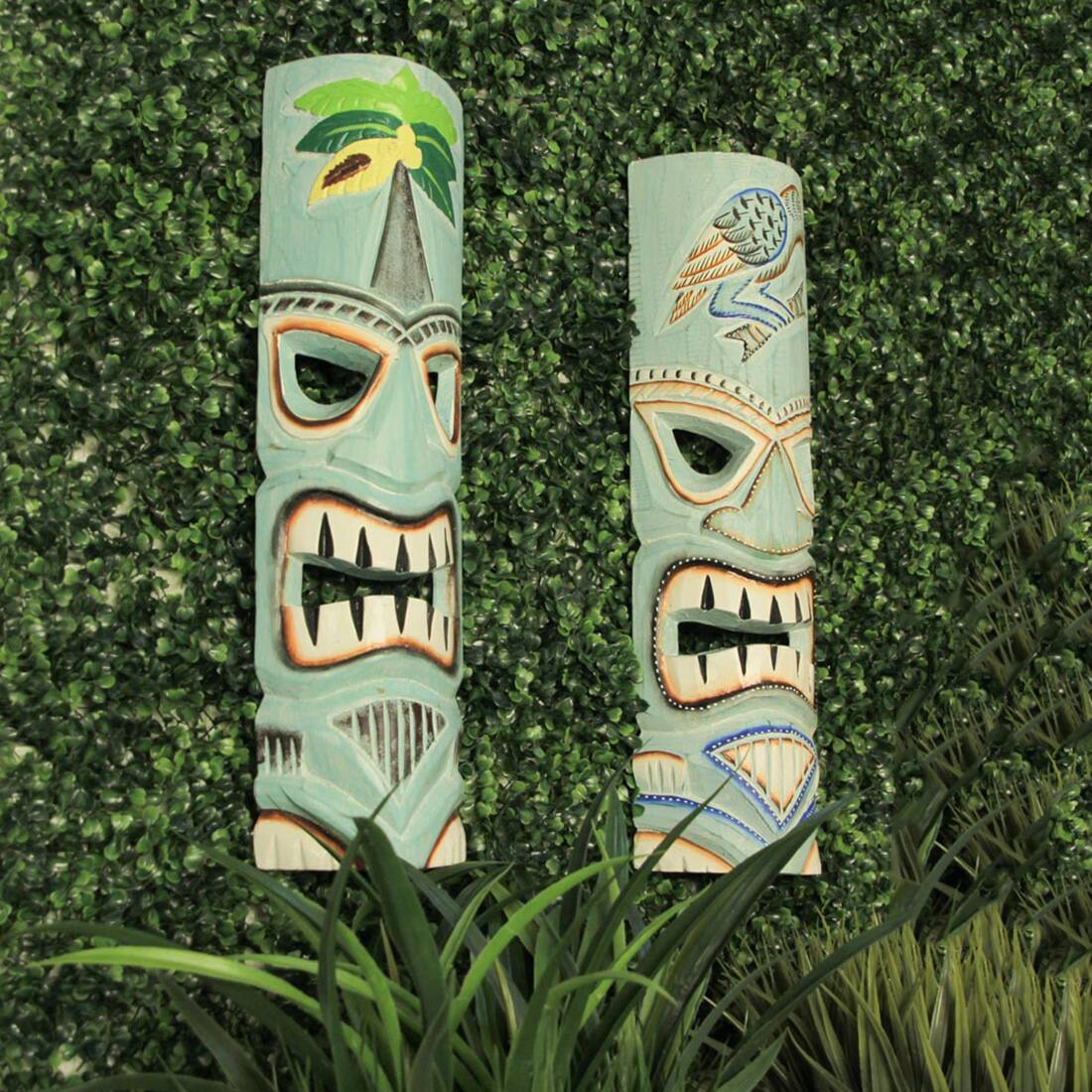 Alt View 4. Things2Die4 - Handcrafted Aqua Blue Parrot & Palm Tree Wooden Tiki Mask Wall Hangings – 20 Inches High - Set of 2 - Blue.