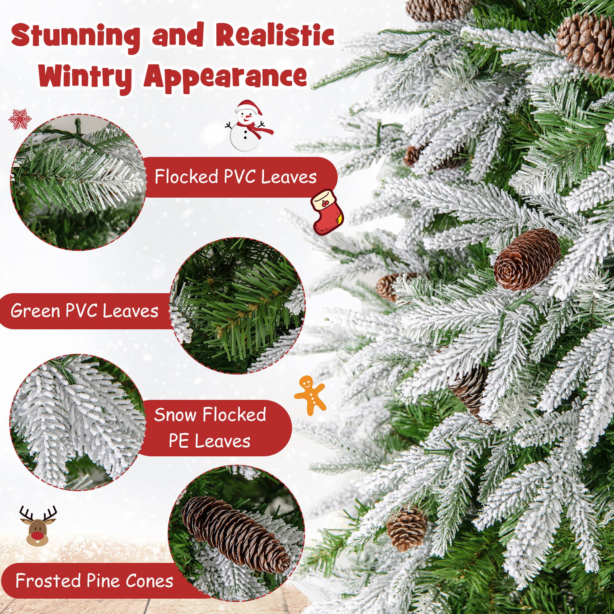Stunning and Realistic Wintry Appearance

- Flocked PVC Leaves
- Green PVC Leaves
- Snow Flocked PE Leaves
- Frosted Pine Cones