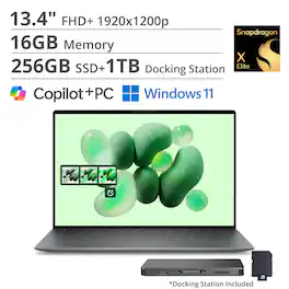 Dell - XPS 13.4" Laptop,Snapdragon X Elite 80-100,16GB RAM,256GB SSD+1TB Dock Set,Fingerprint,Backlit,Win 11 - Graphite