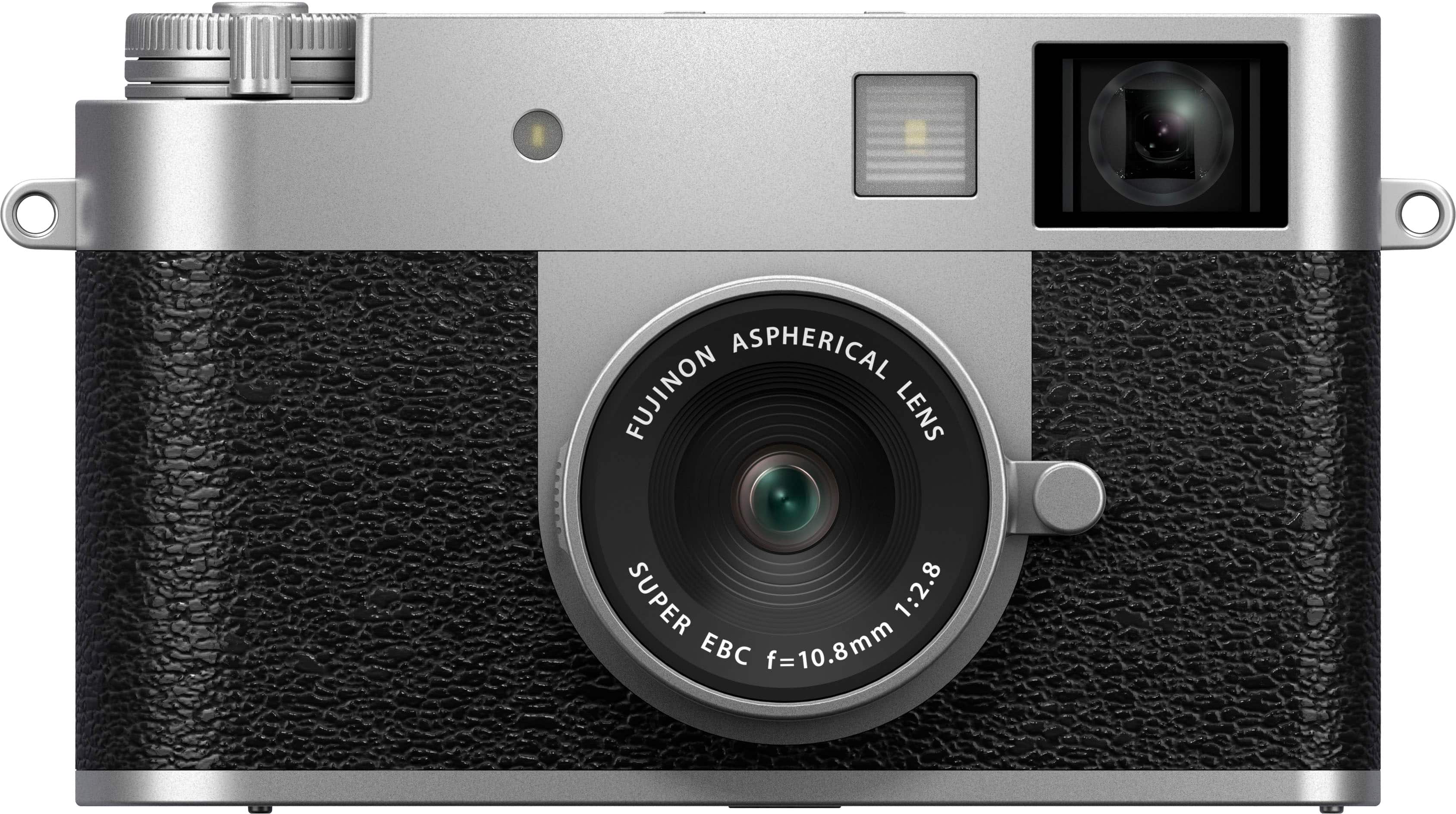 The image features a Fujifilm camera with a large lens. The lens is described as an "aspherical Fujinon lens," which is a type of lens designed to minimize distortion and provide better image quality. The lens has a focal length of 10.8mm, which is equivalent to a 1:2.8 aperture. This means that the lens can capture a wide field of view and is capable of producing images with a shallow depth of field, which can be useful for various photography applications.