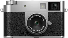 The image features a Fujifilm camera with a large lens. The lens is described as an "aspherical Fujinon lens," which is a type of lens designed to minimize distortion and provide better image quality. The lens has a focal length of 10.8mm, which is equivalent to a 1:2.8 aperture. This means that the lens can capture a wide field of view and is capable of producing images with a shallow depth of field, which can be useful for various photography applications.