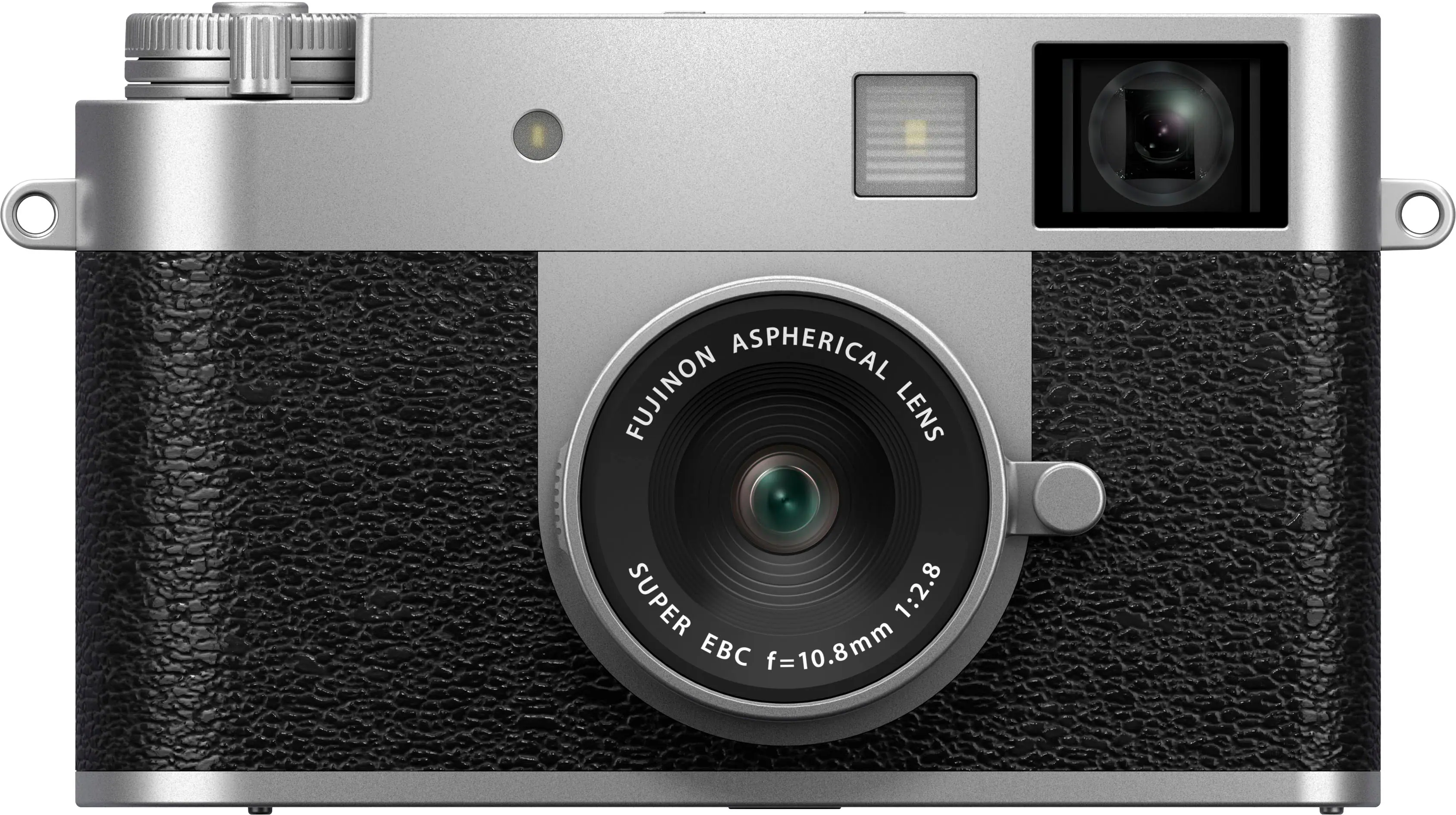 The image features a Fujifilm camera with a large lens. The lens is described as an "aspherical Fujinon lens," which is a type of lens designed to minimize distortion and provide better image quality. The lens has a focal length of 10.8mm, which is equivalent to a 1:2.8 aperture. This means that the lens can capture a wide field of view and is capable of producing images with a shallow depth of field, which can be useful for various photography applications.