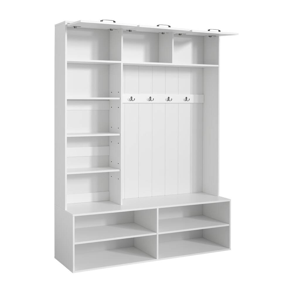 Alt View 4. Loheer - Loheer Farmhouse Hall Tree with Bench, White Entryway Storage Organizer, 76.9 Inch Height - White.
