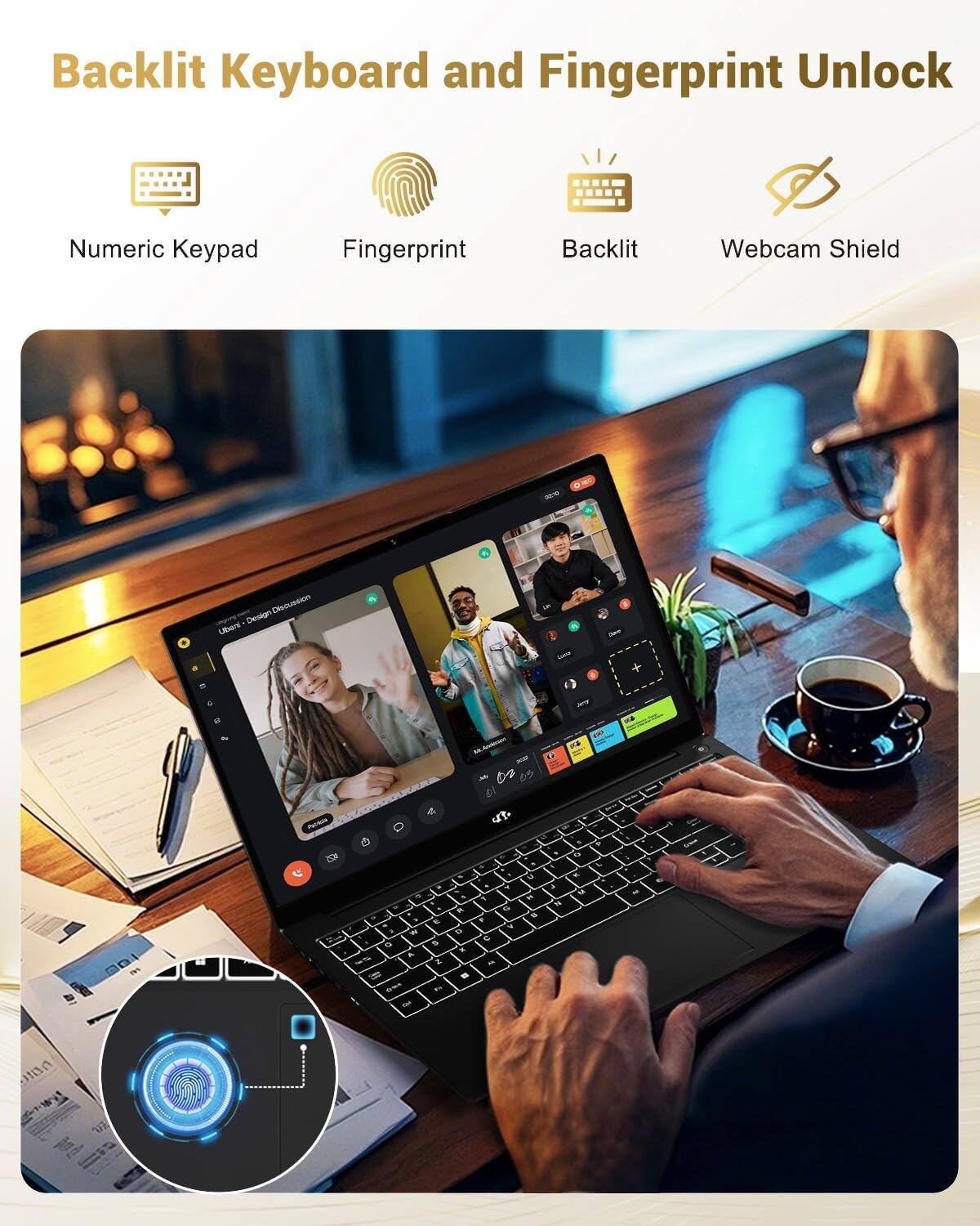 Backlit Keyboard and Fingerprint Unlock

- Numeric Keypad
- Fingerprint
- Backlit
- Webcam Shield