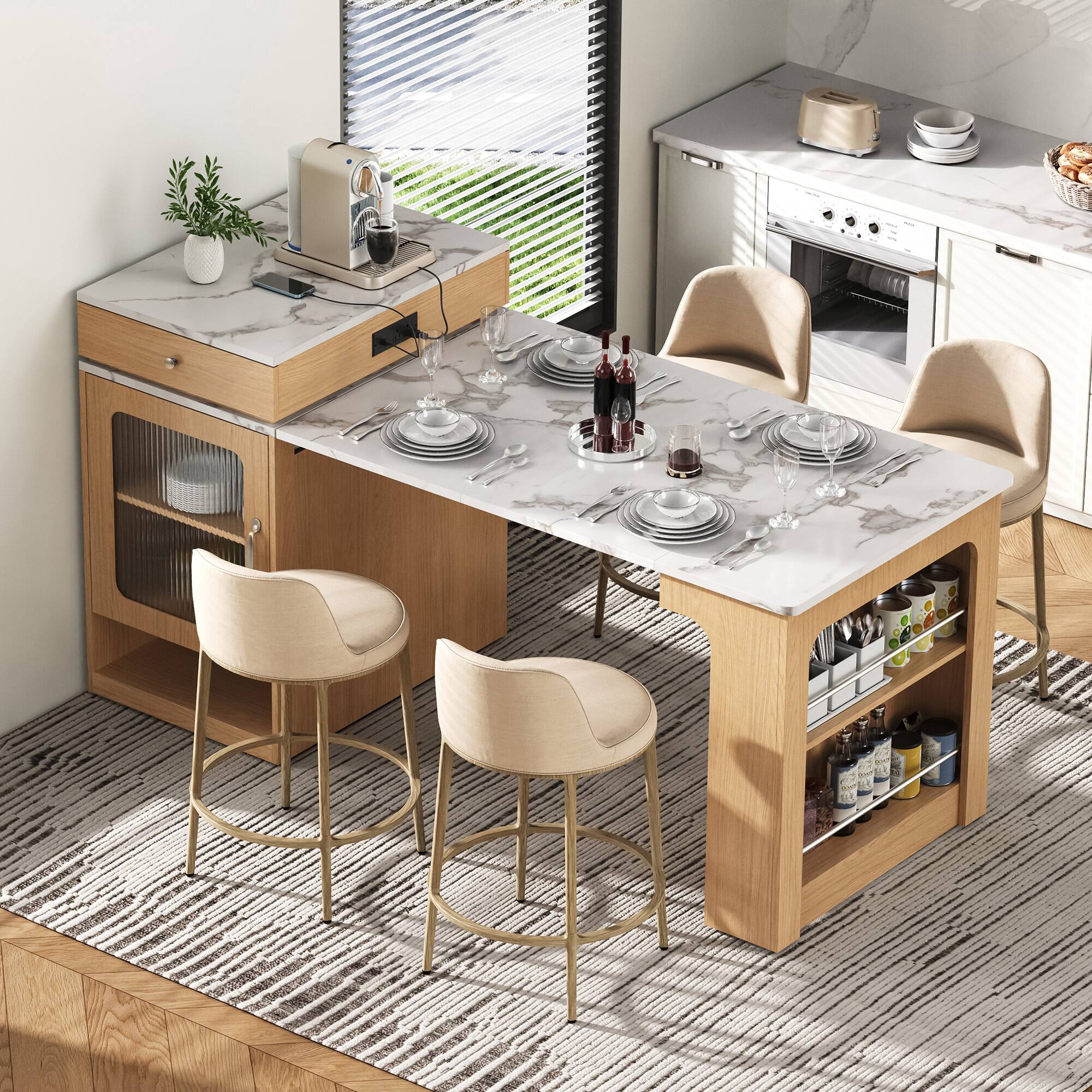 Left. PexFix - 59.5" Kitchen Island Cart with Extendable Dining Table and Built-in Power Outlet - Natural.