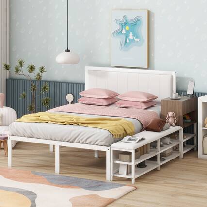 Front. Tiramisubest - Full size Metal Platform Bed with Two-Tier Storage Shelves, Wooden Storage Cabinet, White - White.