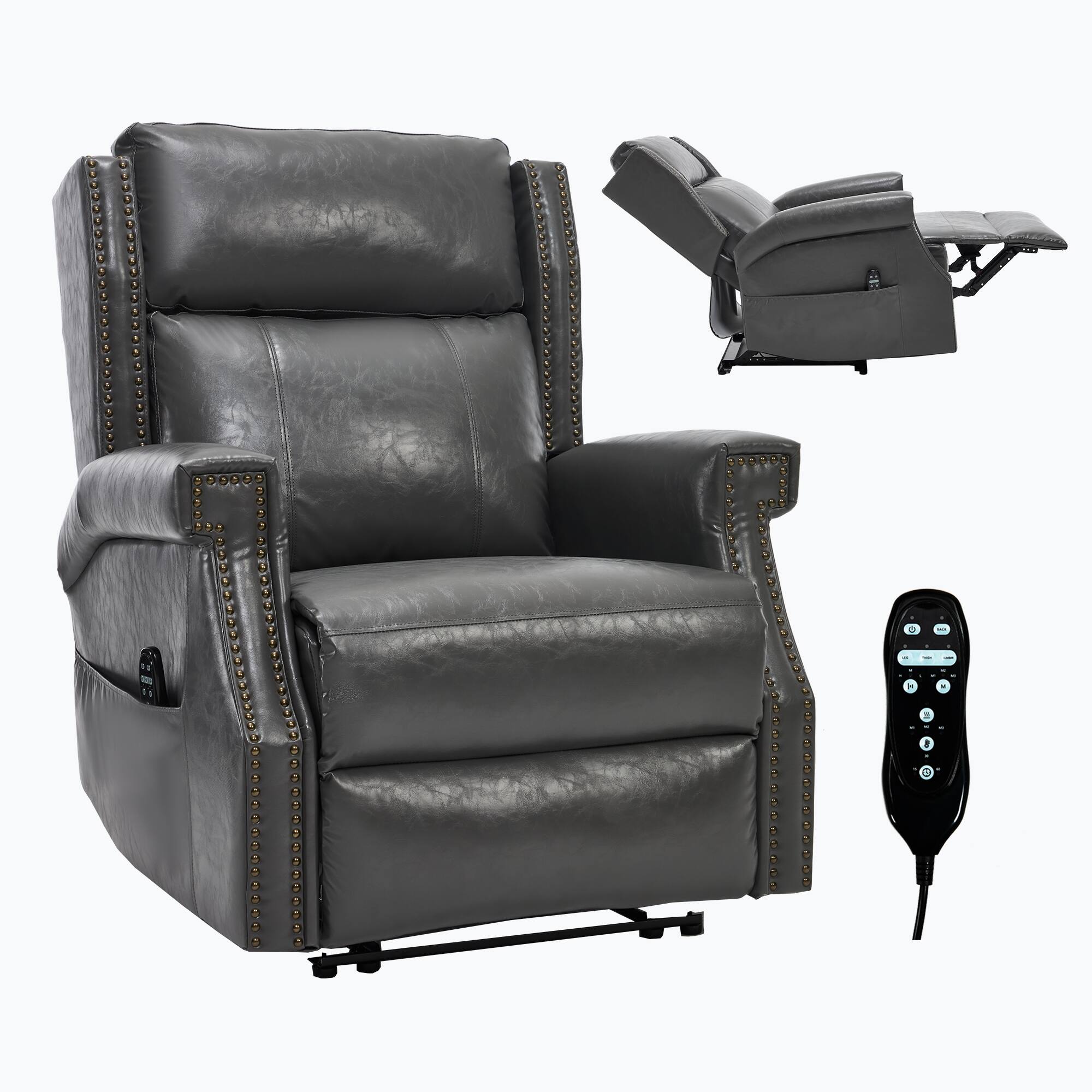Angle. LUCKY ONE - Vintage Waxed Leather Manual Recliner Chair with 3 Massage Modes and 155° Reclining Function - Grey.