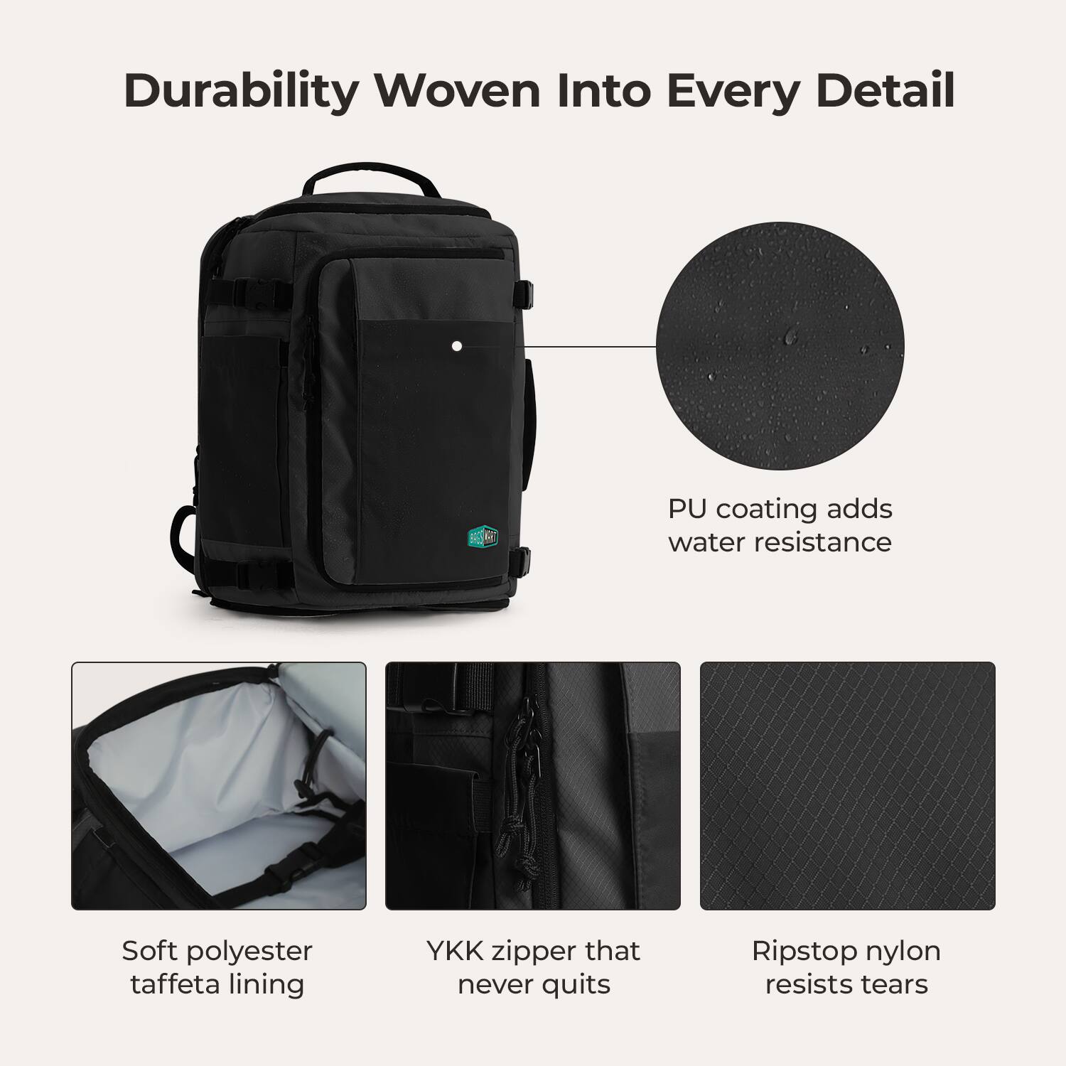 Durability Woven Into Every Detail

- PU coating adds water resistance
- Soft polyester taffeta lining
- YKK zipper that never quits
- Ripstop nylon resists tears