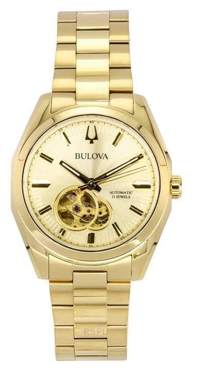 Bulova - Surveyor Automatic 21 Jewels 97A182 Mens Watch Tone Stainless Steel Open Heart Champagne Dial - Gold
