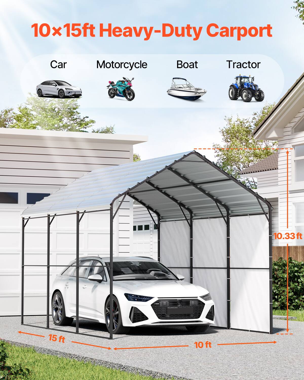 10x15ft Heavy-Duty Carport

Car Motorcycle Boat Tractor

10.33ft 15ft 10ft