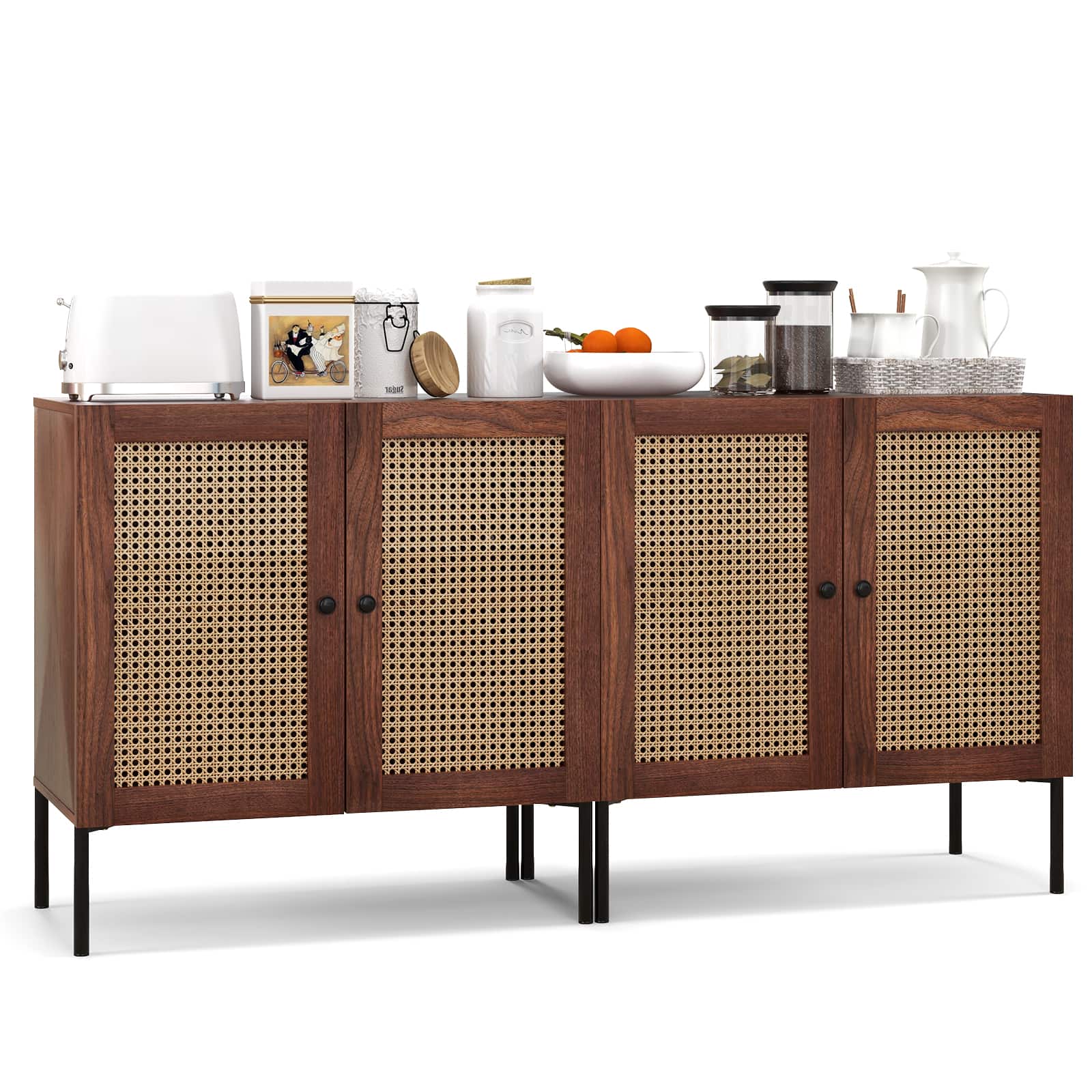 Costway - Set of 2 Rattan Buffet Sideboard Wine Cabinet Cupboard w/Adjustable Shelf - Walnut