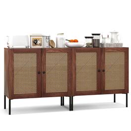 Costway - Set of 2 Rattan Buffet Sideboard Wine Cabinet Cupboard w/Adjustable Shelf - Walnut