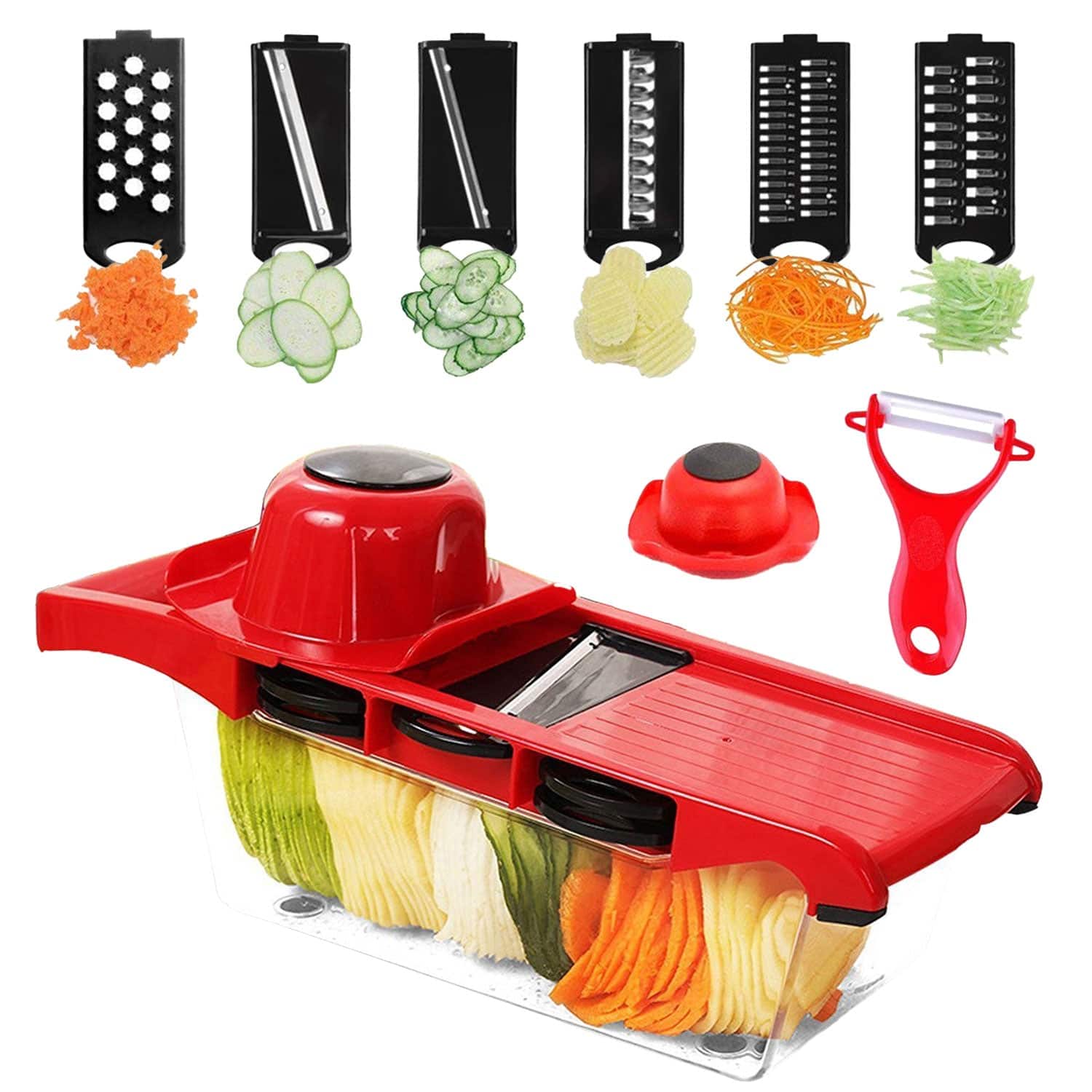 Front. Fitnate - Mandolin Slicer Food Cutter Vegetable Chopper Grater Peeler with 6 Blades - Red.