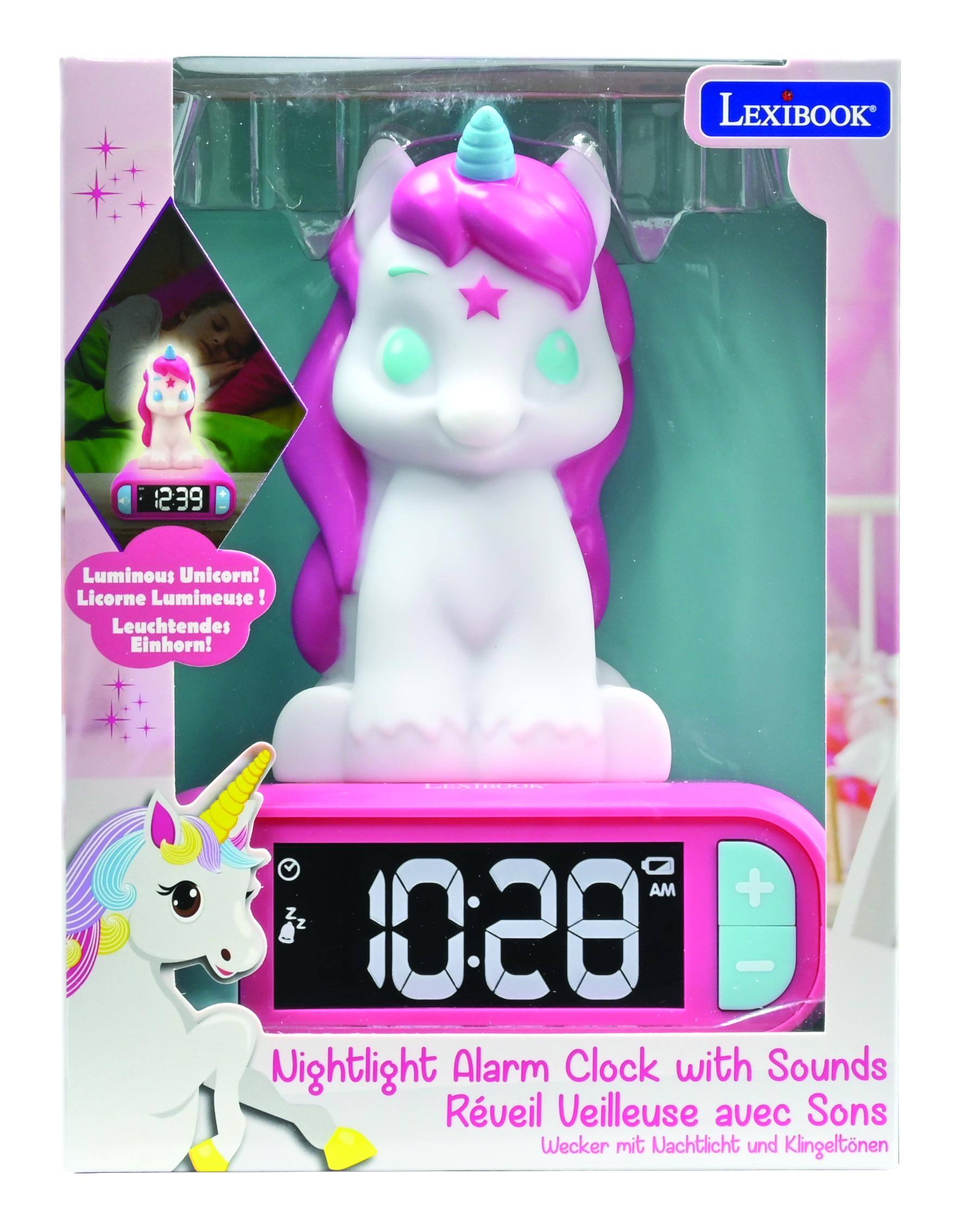 LEXIBOOK 12:39 Luminous Unicorn! Licorne Lumineuse! Leuchtendes Einhorn! LERTROUE AM + Z Z 1028 - Nightlight Alarm Clock with Sounds Rveil Veilleuse avec Sons Wecker mit Nachtlicht und Klingeltonen