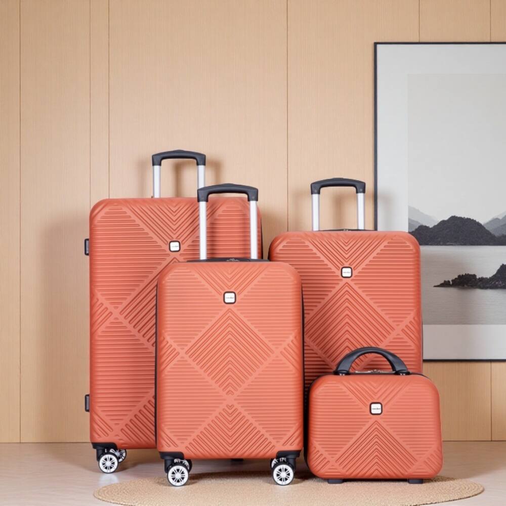 Angle. BreeBe - 4-Piece ABS Lightweight Suitcase Set with 14-Inch Makeup Box and Aircraft Wheels - Dark Orange.