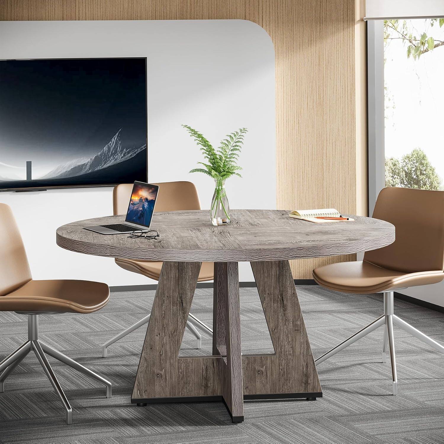 Alt View 3. Tribesigns - Round Conference Table with Wood Construction and Adjustable Feet for Meetings, Writing and Everyday Work - Gray.