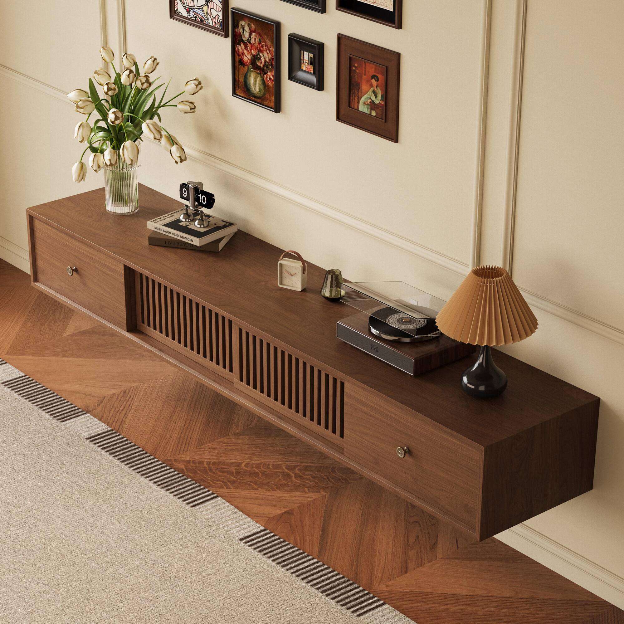 Angle. luck idea - 78.7" TV Stand, Floating Media Console with Grid Sliding Doors & Double Storage Drawers - Walnut Color.