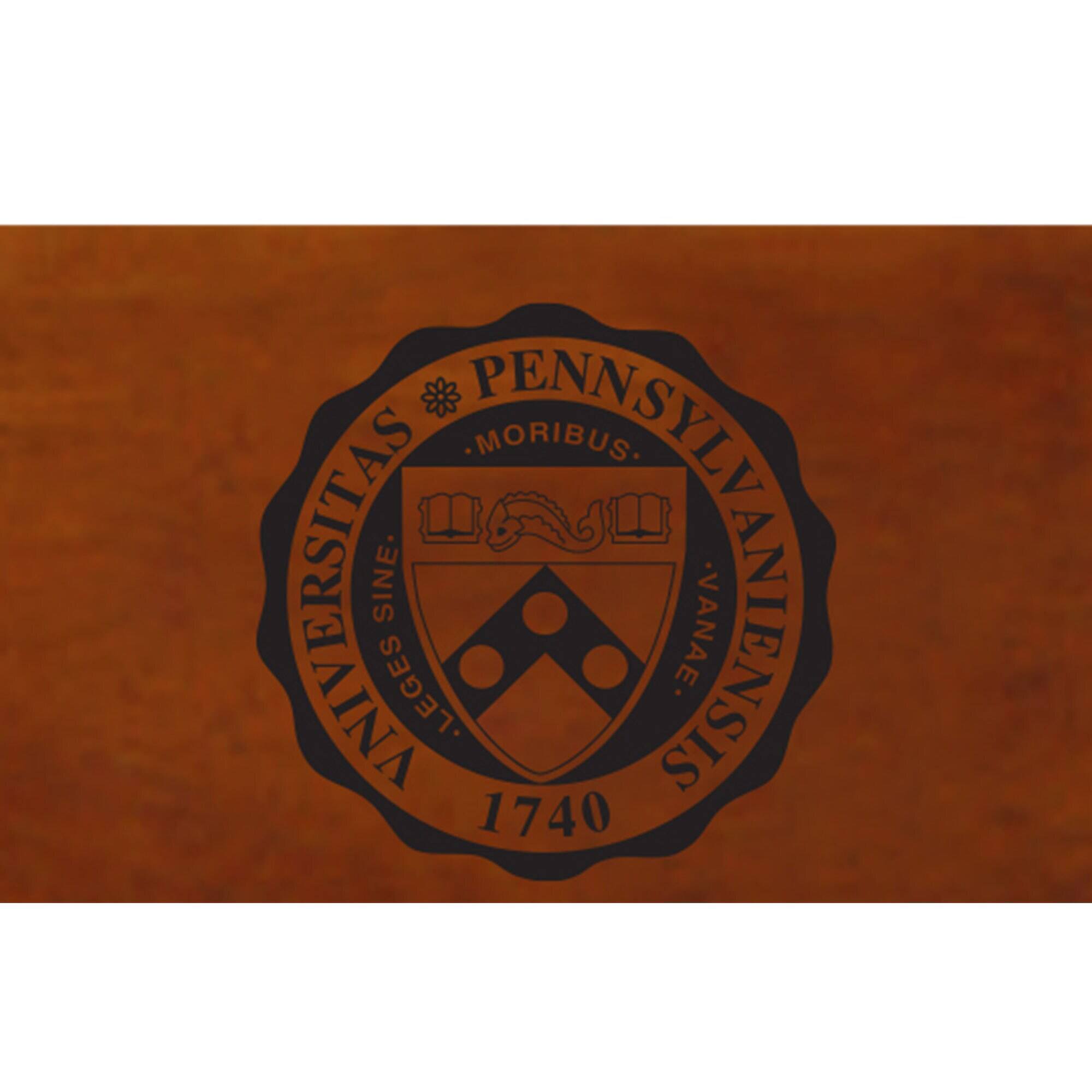 The text on the image should be grouped and corrected as follows:

**Pennsylvania University**

- **Leges sine moribus vanae.** (Laws without morals are vain.)
- **1740**

The text is arranged in a circular fashion around the shield, with the year "1740" at the bottom.