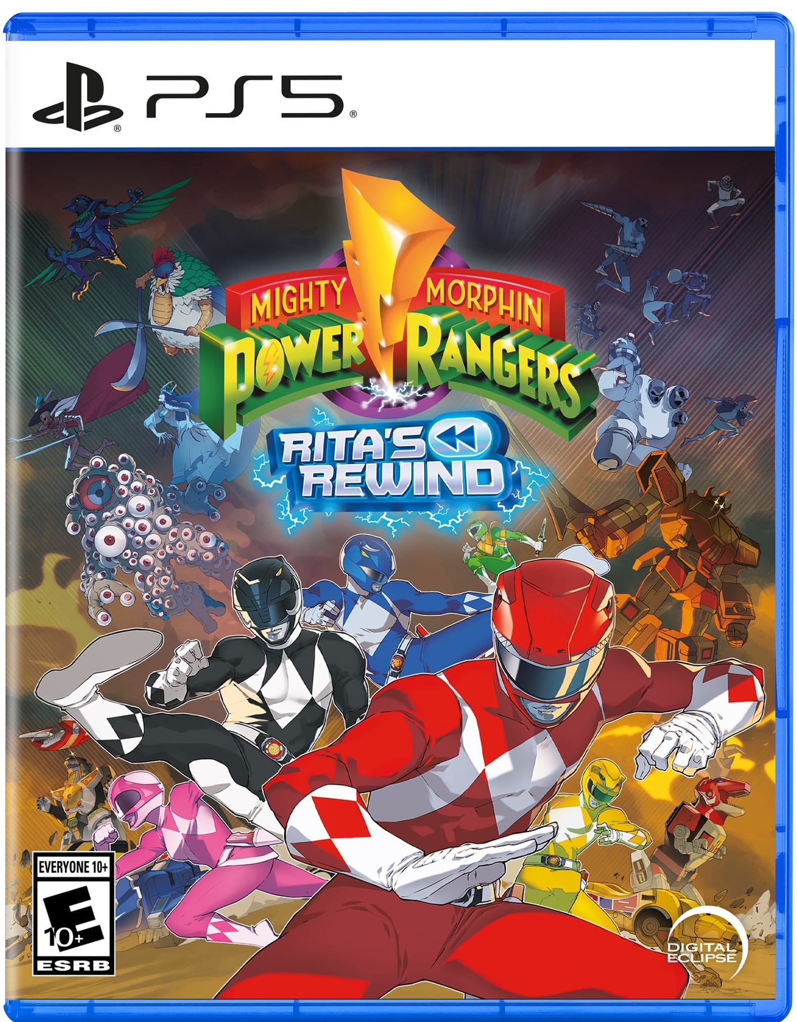 Mighty Morphin Power Rangers Rita's Rewind is a video game for the PlayStation 5 console. It is rated E10+ and is suitable for players 10 years and older. The game features a digital cover, and it is part of the Mighty Morphin Power Rangers series.