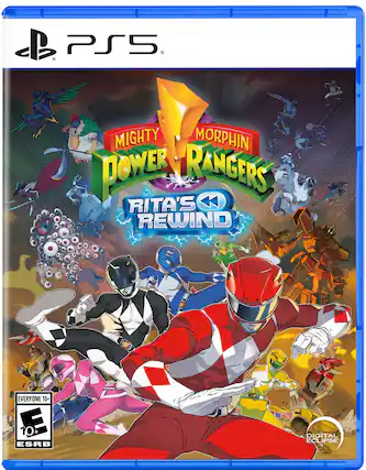 Mighty Morphin Power Rangers Rita's Rewind is a video game for the PlayStation 5 console. It is rated E10+ and is suitable for players 10 years and older. The game features a digital cover, and it is part of the Mighty Morphin Power Rangers series. - E10+ (Everyone 10+)