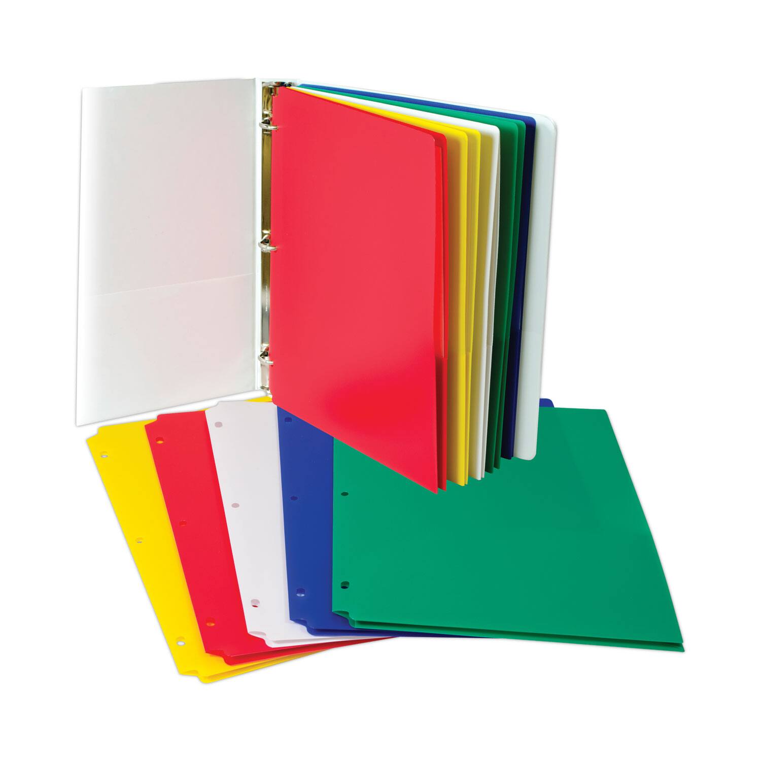 Left. C-line - C Line Two Pocket Heavyweight Poly Portfolio Folder  3 Hole Punch  11 x 8.5  Assorted  10 per Pack.