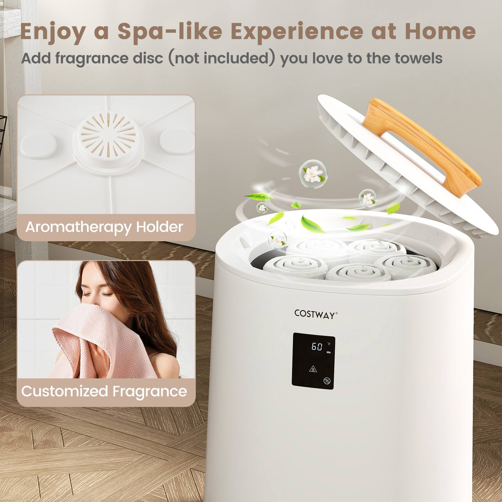 Enjoy a Spa-like Experience at Home  
Add fragrance disc (not included) you love to the towels  

Aromatherapy Holder  

Customized Fragrance  

COSTWAY