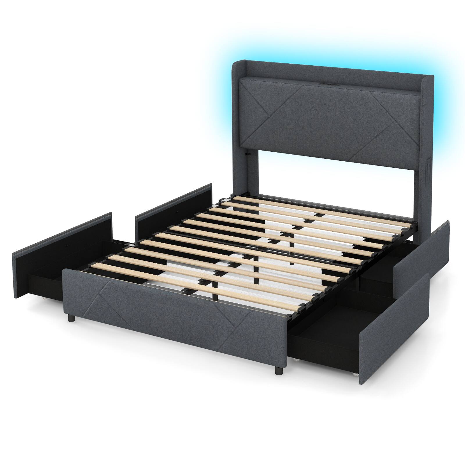 Alt View 4. LUCKY ONE - Full Assembled Platform Bed Frame with LED Lights Charging Station Wingback Headboard Drawers - Grey-Full.