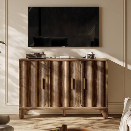 Front. HONGGE - Mid Century Modern Buffet Cabinet with Fluted Doors and Ample Storage - Brown.