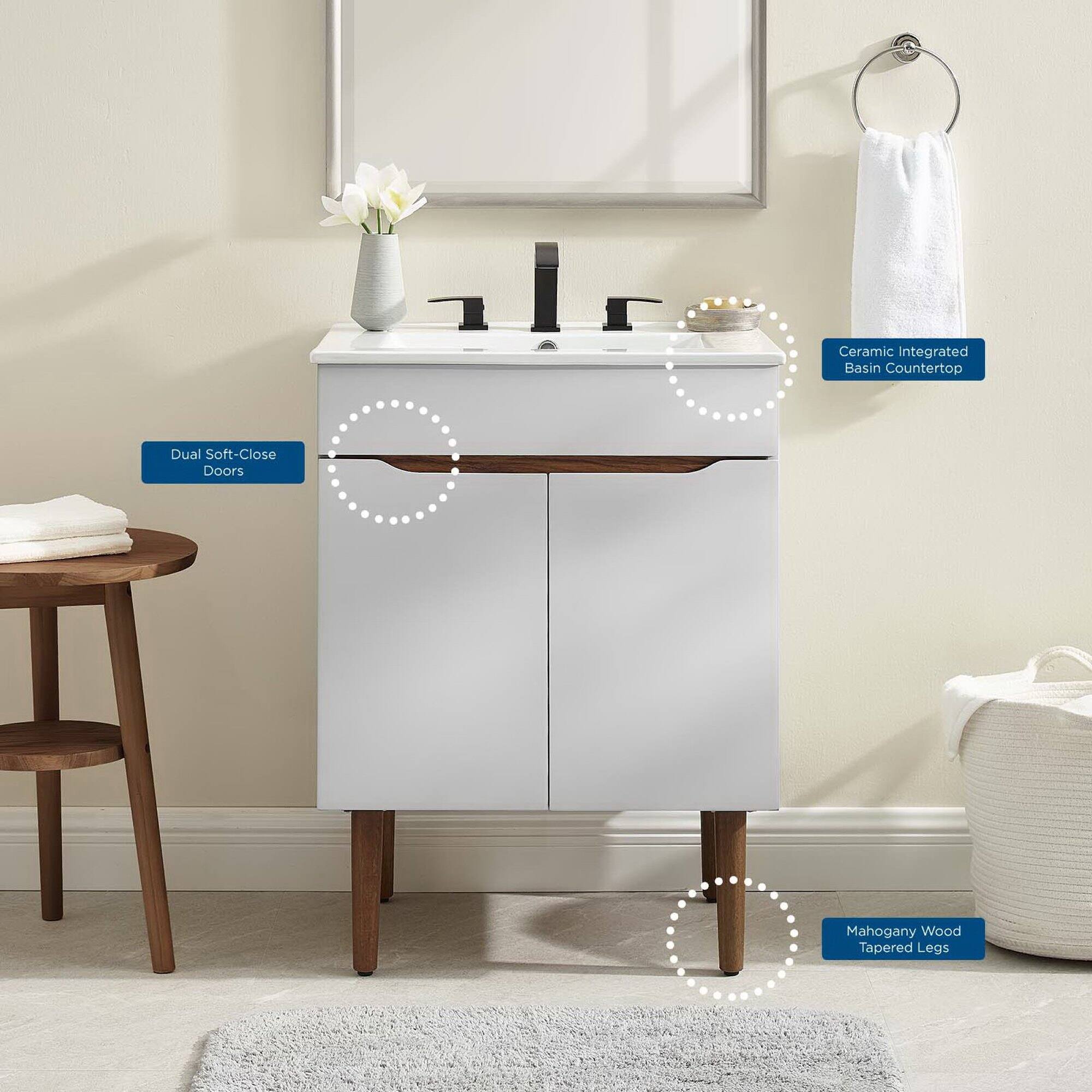 - Ceramic Integrated Basin Countertop
- Dual Soft-Close Doors
- Mahogany Wood Tapered Legs