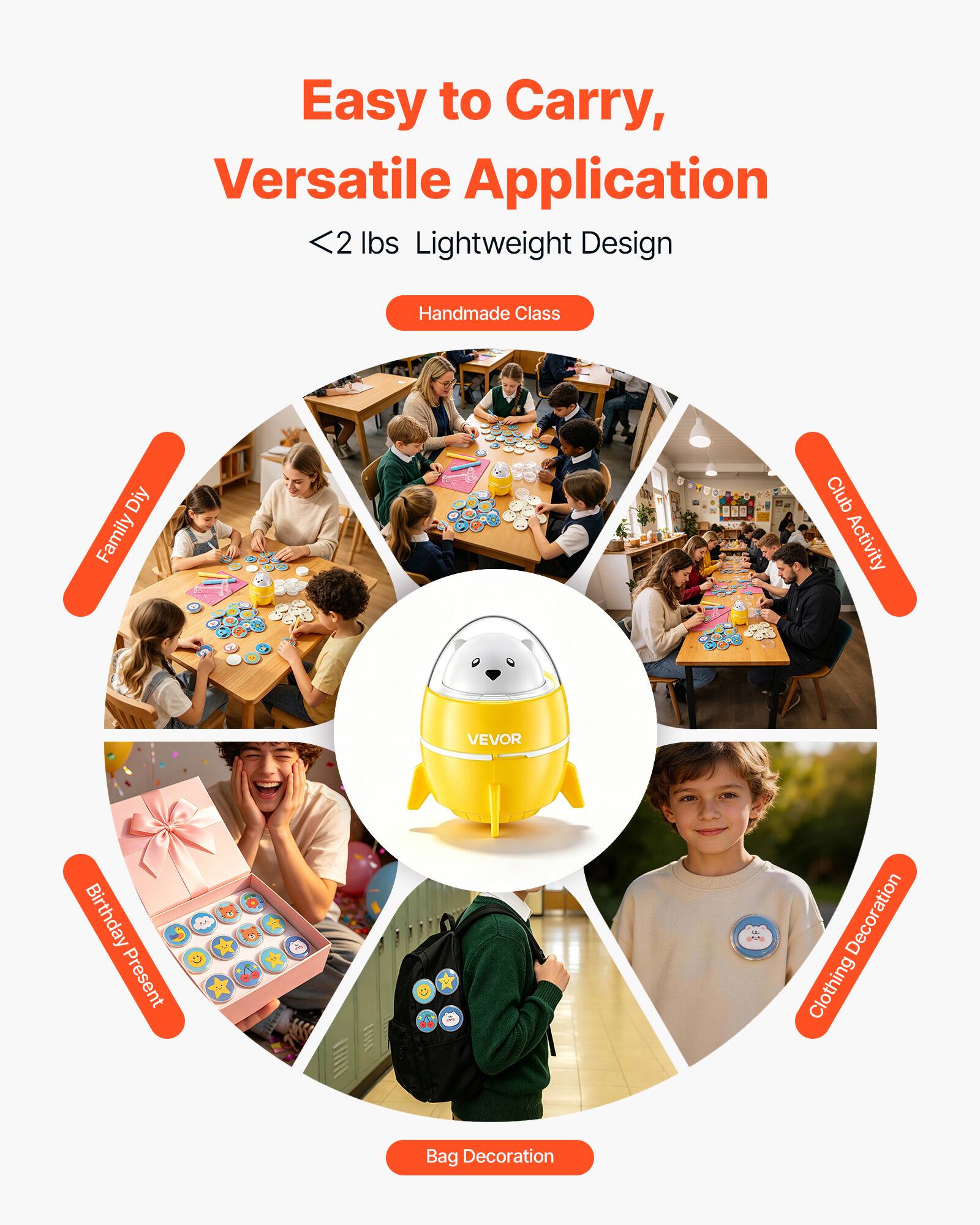 Easy to Carry, Versatile Application  
<2 lbs Lightweight Design  
Handmade Class  
Family Diy  
Club Activity  
Birthday Present  
Bag Decoration  
Clothing Decoration