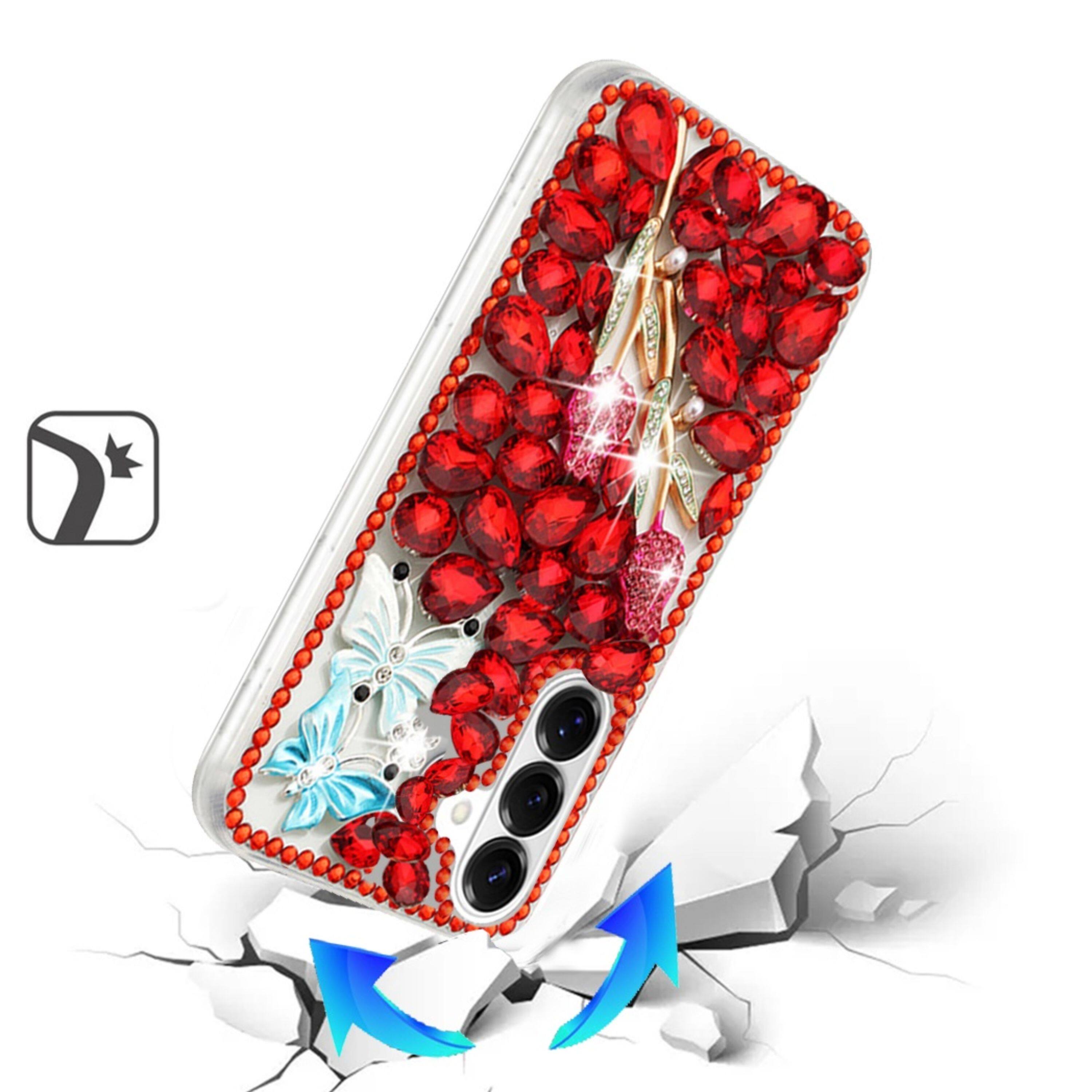 Left. Kitcheniva - Full Diamond Bling 3D Jewel Ornaments Design Phone Case With Tempered Glass For Samsung S26 Red Garden - Red.