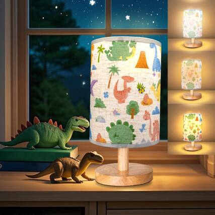 Front. Comfort Essence - Dinosaur Lamp Room Decor For 3 Level Dimmable Wood Nightstand Desk Base Flaxen Fabric Shade Bedroom Living - dinosaur.