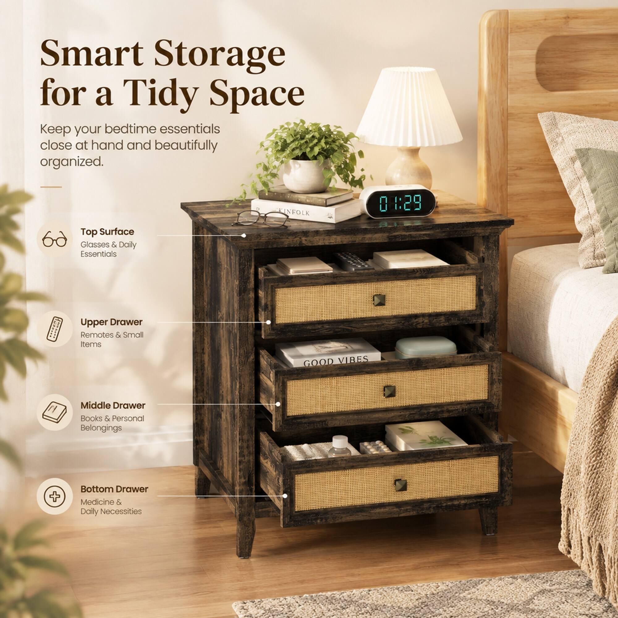 RYHNUYNE 3 Drawer Rattan Dresser, Wood Chest of Drawers, Farmhouse ...