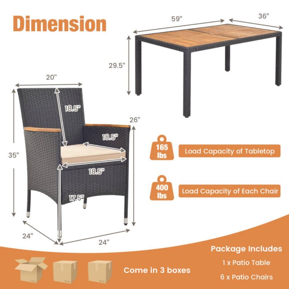 Dimension  
59" x 36" x 29.5" x 20" x 18.5" x 26" x 35" x 18.5" x 165 lbs  
Load Capacity of Tabletop: 18.5" x 17.5"  
Load Capacity of Each Chair: 24" x 24"  
Package Includes: 1 x Patio Table, 6 x Patio Chairs  
Come in 3 boxes