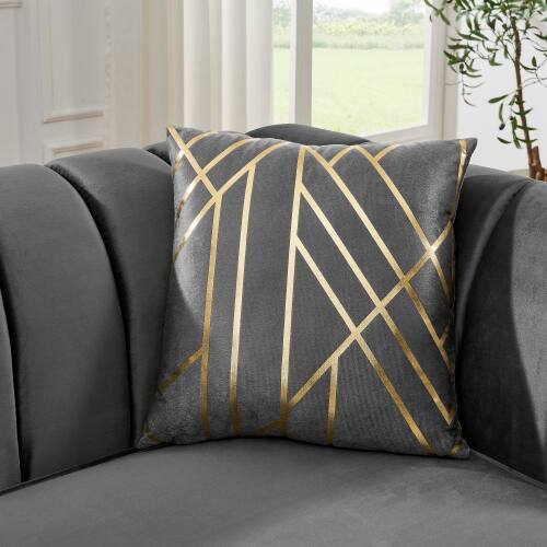 Back. Anysun - 81" 3-Seat Velvet Chesterfield Sofa - Button Tufted, Gold Stainless Steel Accents, Includes 2 Pillows - Gray.