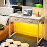 Pinmoco - 32"/42" Small Computer Desk with RGB LED Lights & 2 Fabric Drawers, Modern Dorm Study Desk for Small Spaces - 32" White