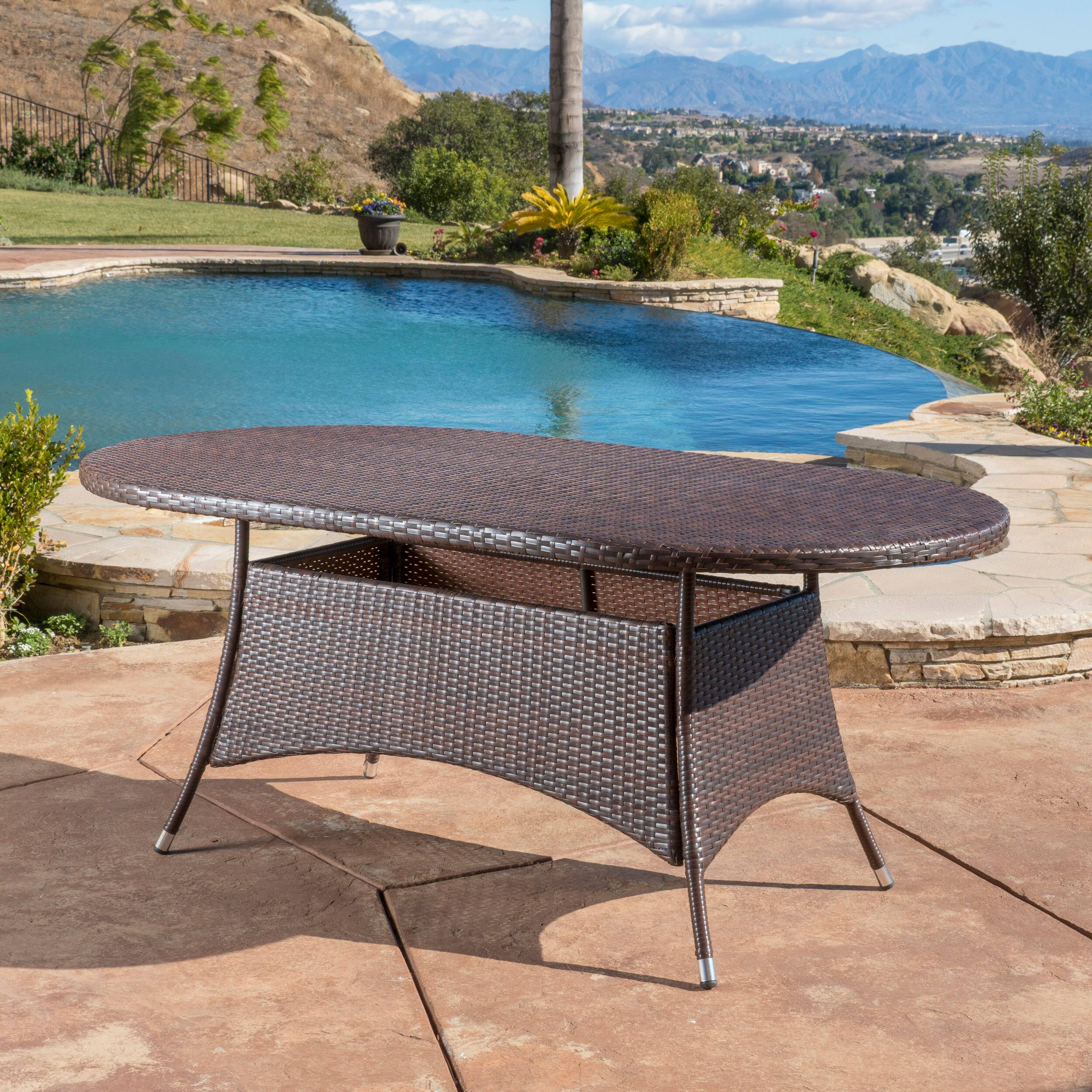 Alt View 1. APRILSOUL - Ramsey Oval Wicker Dining Table 69in Outdoor Patio Seats 6 Silver Tipped Legs - Brown Multi.
