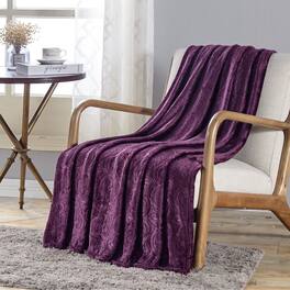 Noble House - Dama Scroll All Season Embossed Pattern Ultra Soft and Cozy 50" x 60" Throw Blanket - Plum
