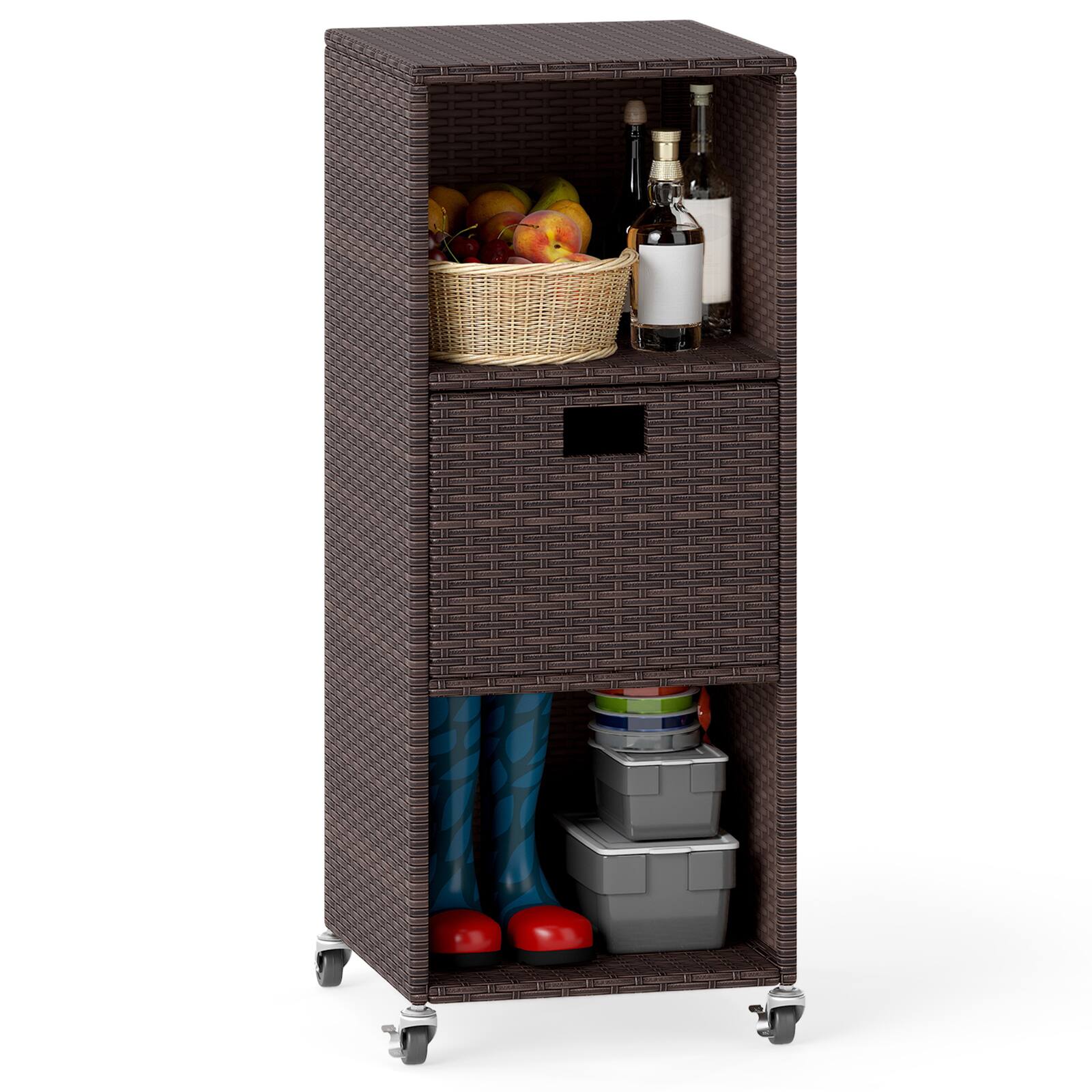 Front. WELLFOR - Outdoor Storage Cabinet with Drawer and 3 Shelves for Backyard - Mix Brown.
