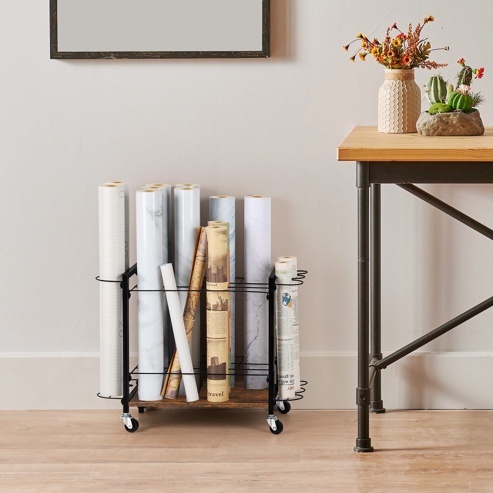 Oumilen - 2-Tier Rolling Blueprint & Craft Paper Roll Storage Rack, Vintage Wood Base