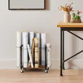 Oumilen - 2-Tier Rolling Blueprint & Craft Paper Roll Storage Rack, Vintage Wood Base