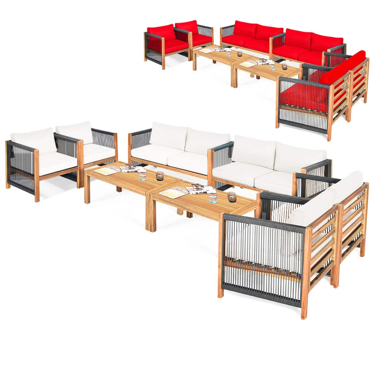 Costway - 8 PCS Wood Outdoor Patio Furniture Set with Cushions White Cushion Cover Sets - Red price history on PriceWatchPro