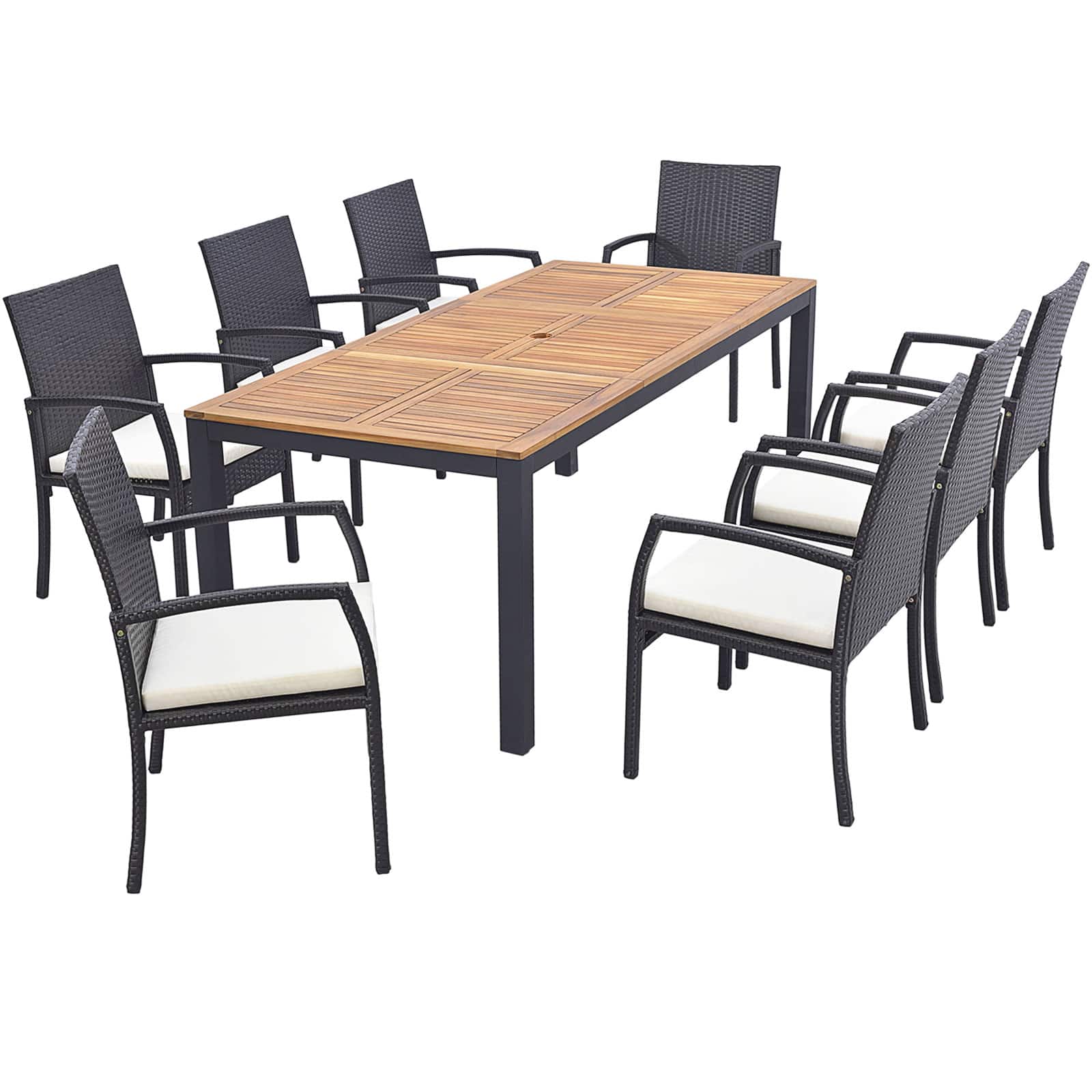 Gymax - 9 PCS Outdoor Dining Table & Rattan Chairs w/ Acacia Wood Table 1.9'' Umbrella Hole - Mix Brown, Off White price history on PriceWatchPro